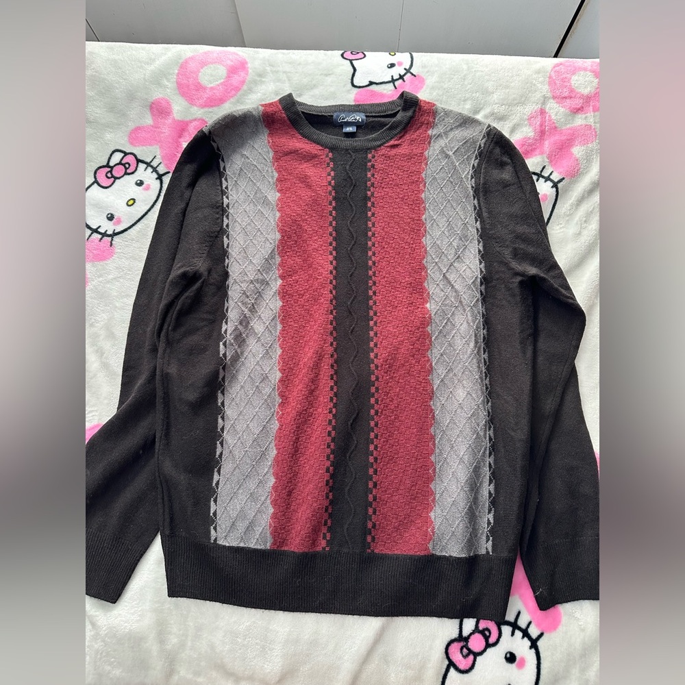 Men’s vintage black grey and red knitted patterned sweater size medium (38-40)